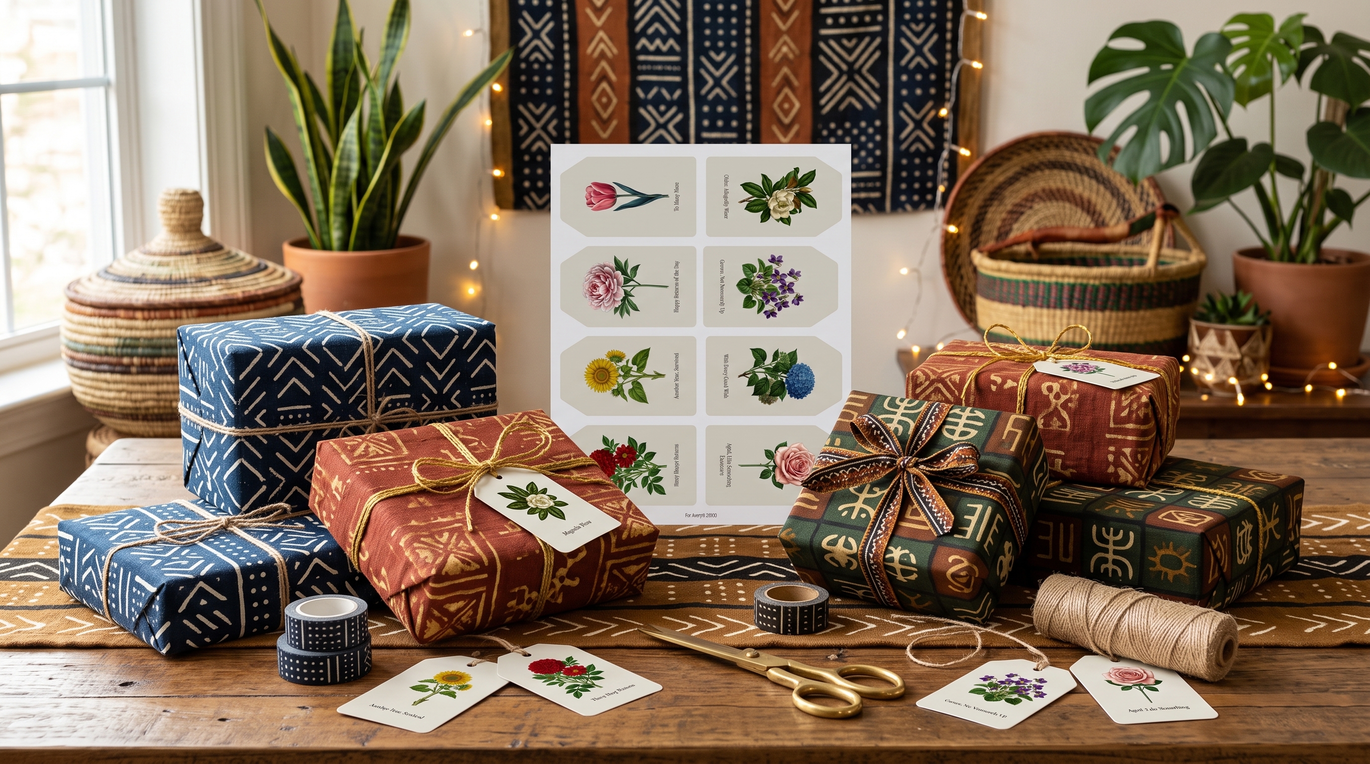 A printable sheet of eight botanical birthday gift tags from The Mordant Press, each a flower and a dry observation.