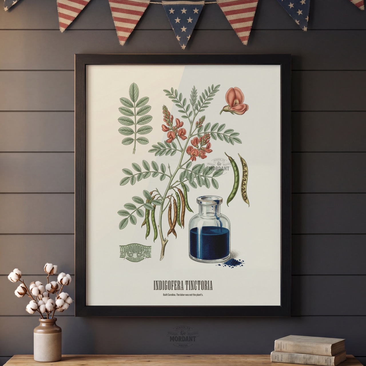Indigo print framed on a wall