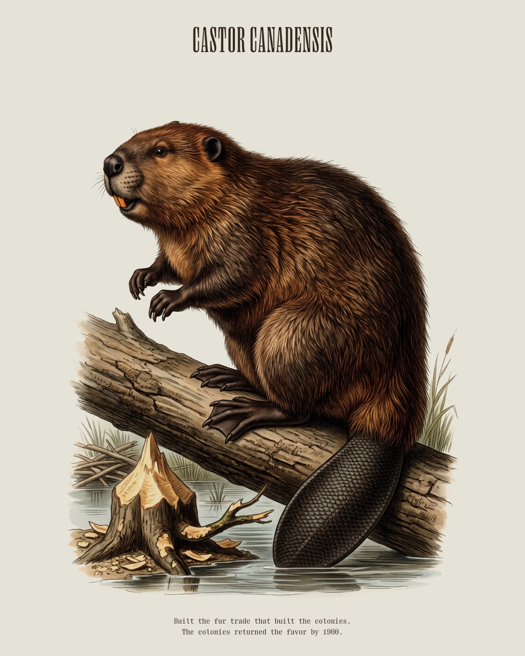 American Beaver — Castor canadensis, antique natural history print