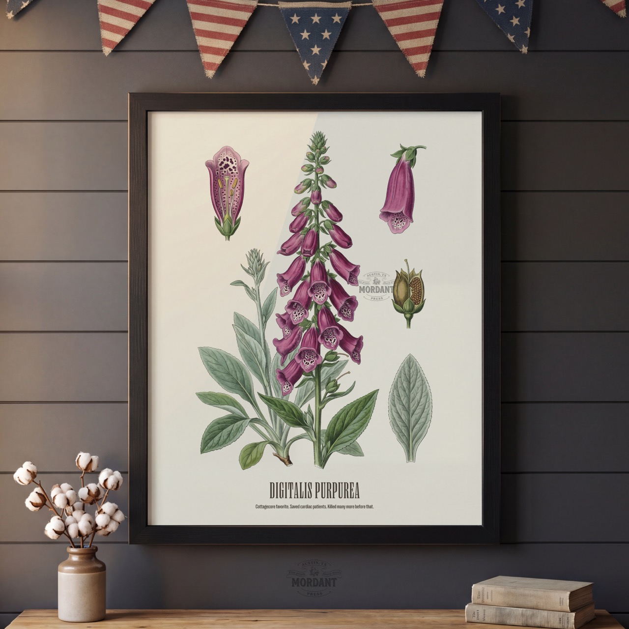 Foxglove print framed on a wall